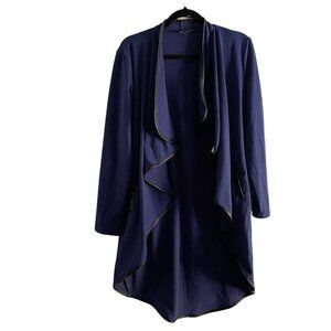 IMAN Women M Blue W/Black Faux Leather Trim Open Front Shawl L/Sleeve Cardigan